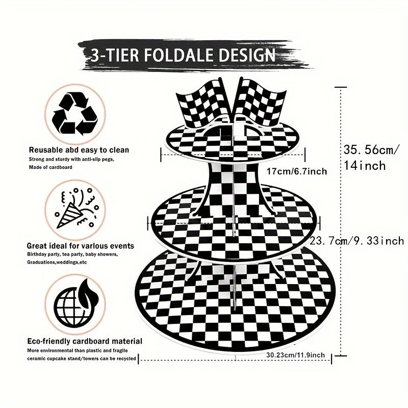 Racing Checkered 3-Tier Round Cardboard Cupcake Stand
