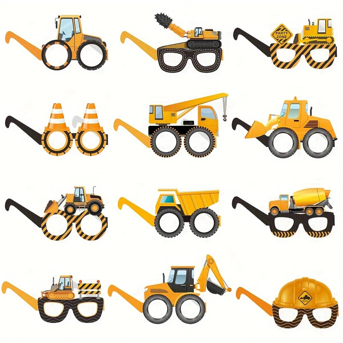 Construction Vehicles Photo Booth Paper Glasses Props Pack of 12
