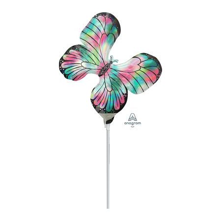 Iridescent Teal & Pink Butterfly 35cm Foil Balloon On Stick