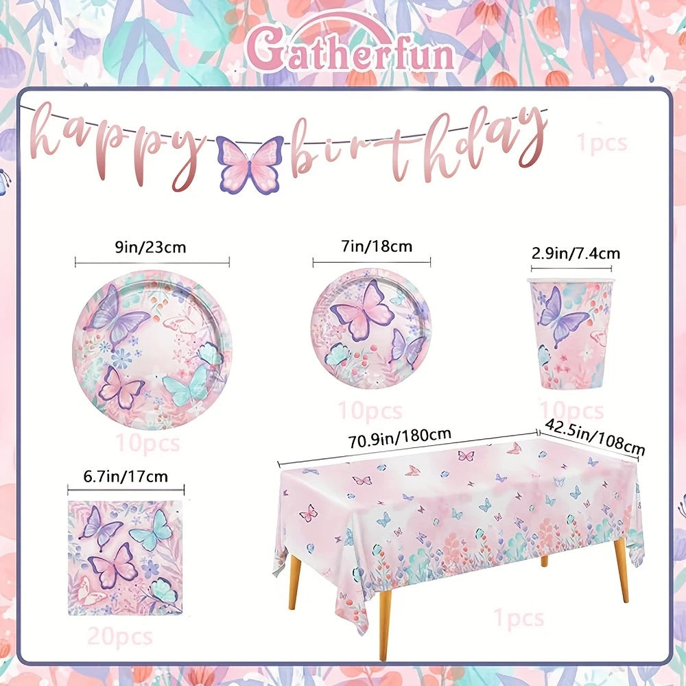 Floral & Butterfly Decorations and Tableware Kit For 10 Guests