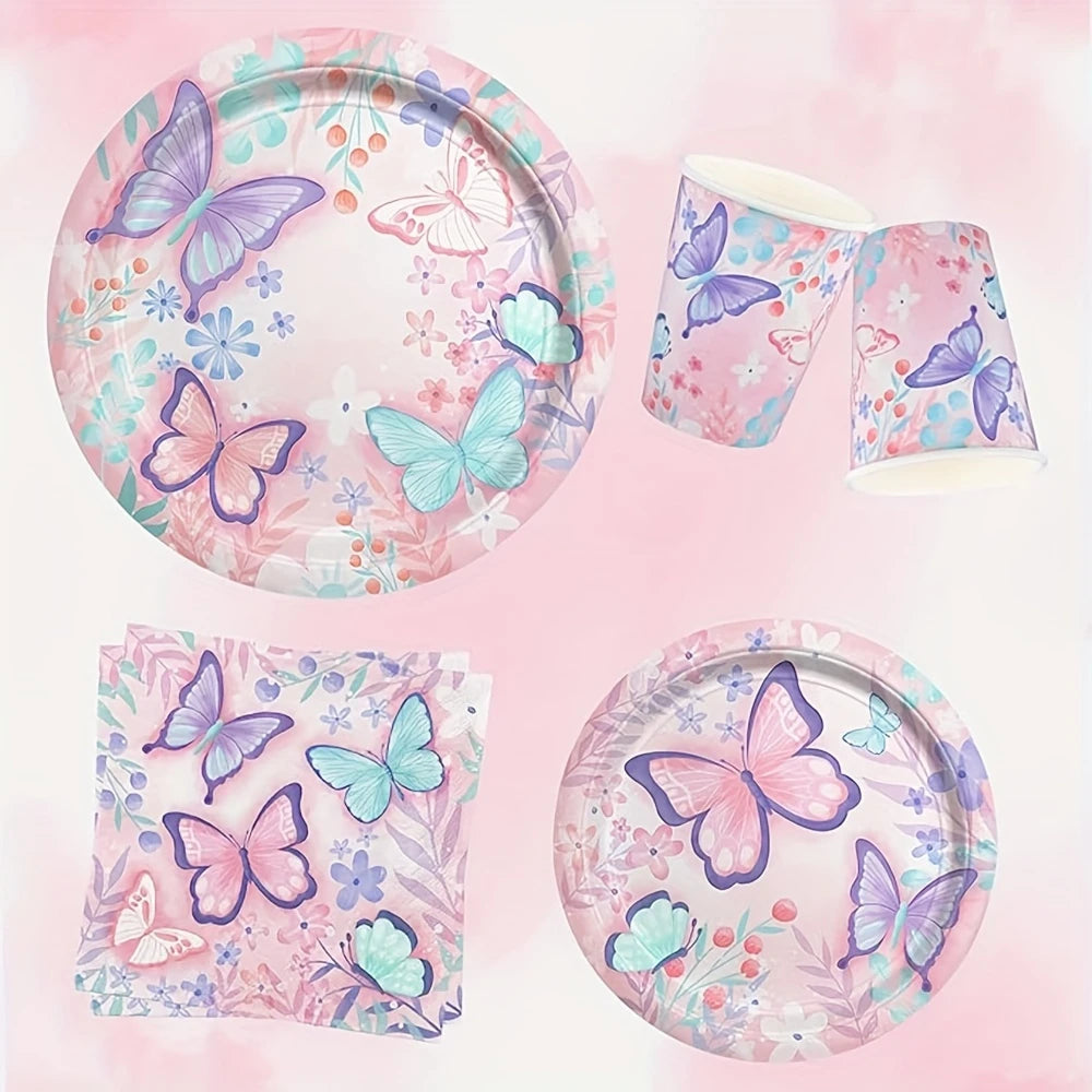 Floral & Butterfly Decorations and Tableware Kit For 10 Guests