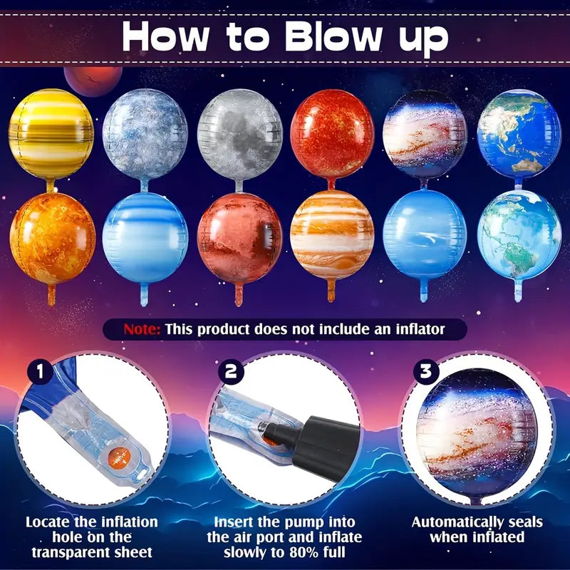 Vibrant Space Themed Planets 4D Metallic Foil Balloons Pack of 12