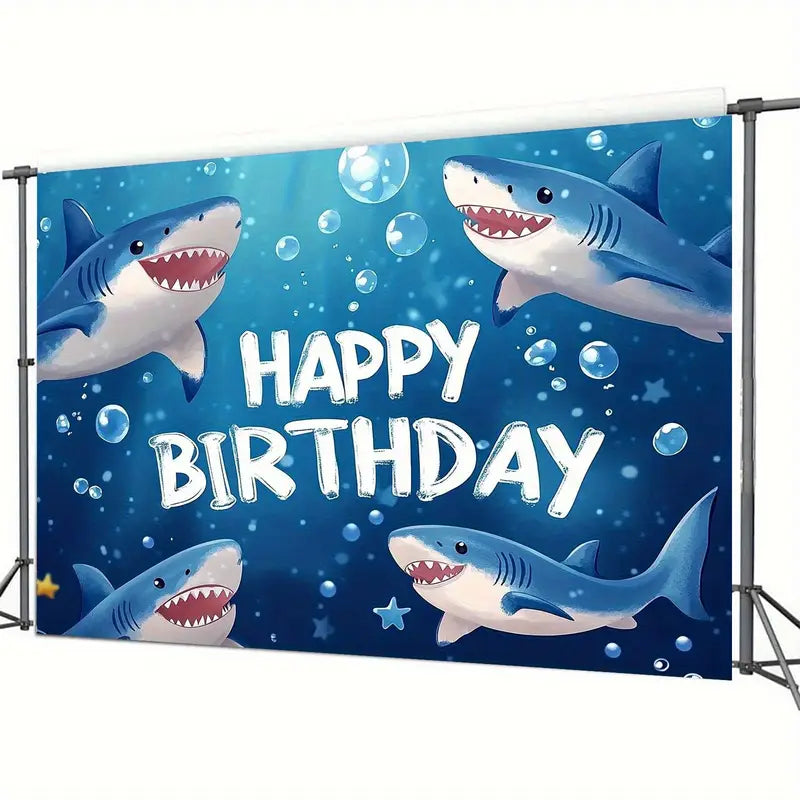 Shark Themed Happy Birthday Party Backdrop Banner