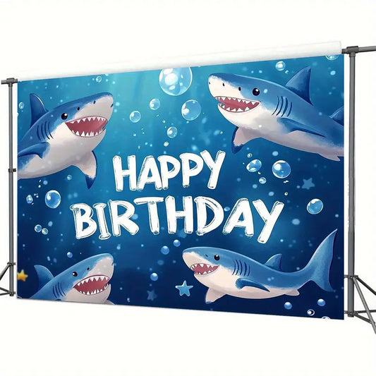 Shark Themed Happy Birthday Party Backdrop Banner