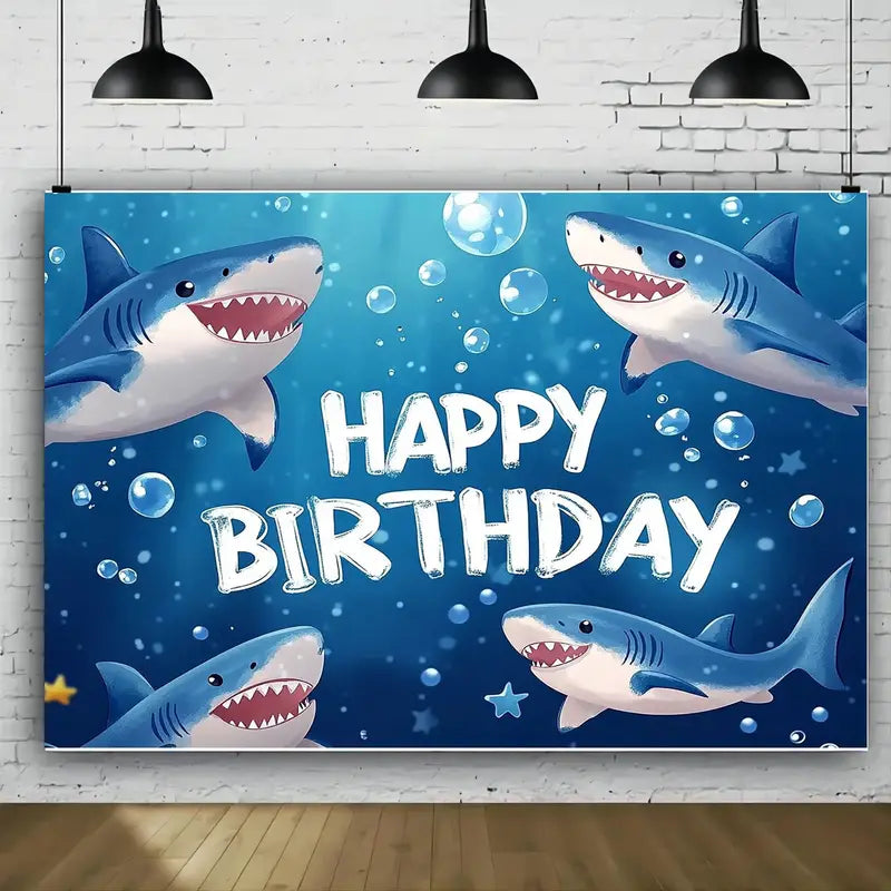 Shark Themed Happy Birthday Party Backdrop Banner