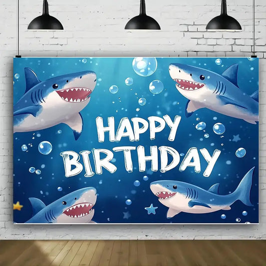 Shark Themed Happy Birthday Party Backdrop Banner