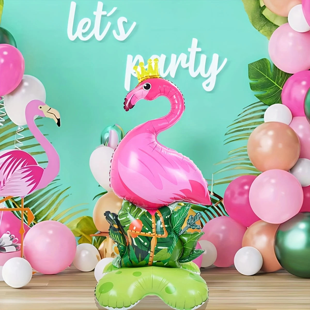 Large Flamingo Aluminum Foil Balloon with Tropical Jungle Base