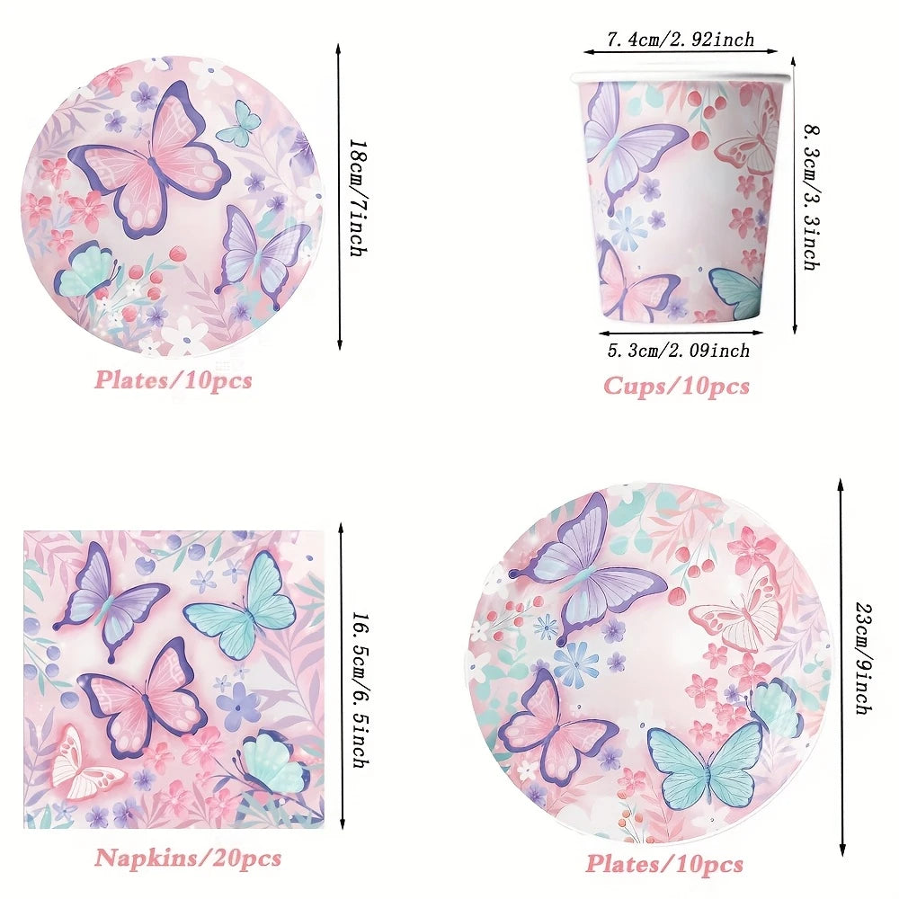 Pink and Purple Butterfly Balloon Tableware Set for 10 People