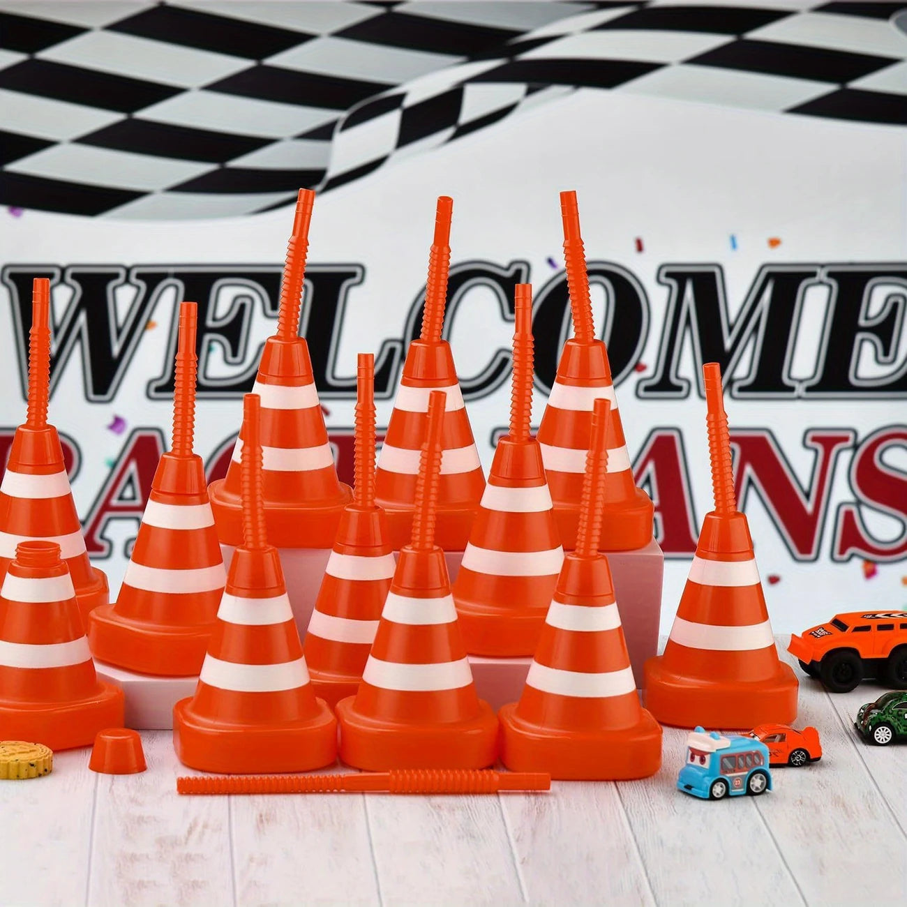 Traffic Cone Party Cups with Straws Pack of 10