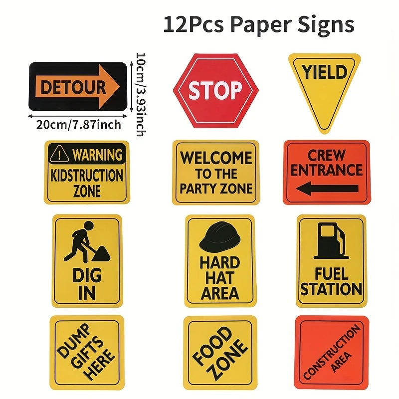 Construction Warning Paper Card Signs Pack of 12