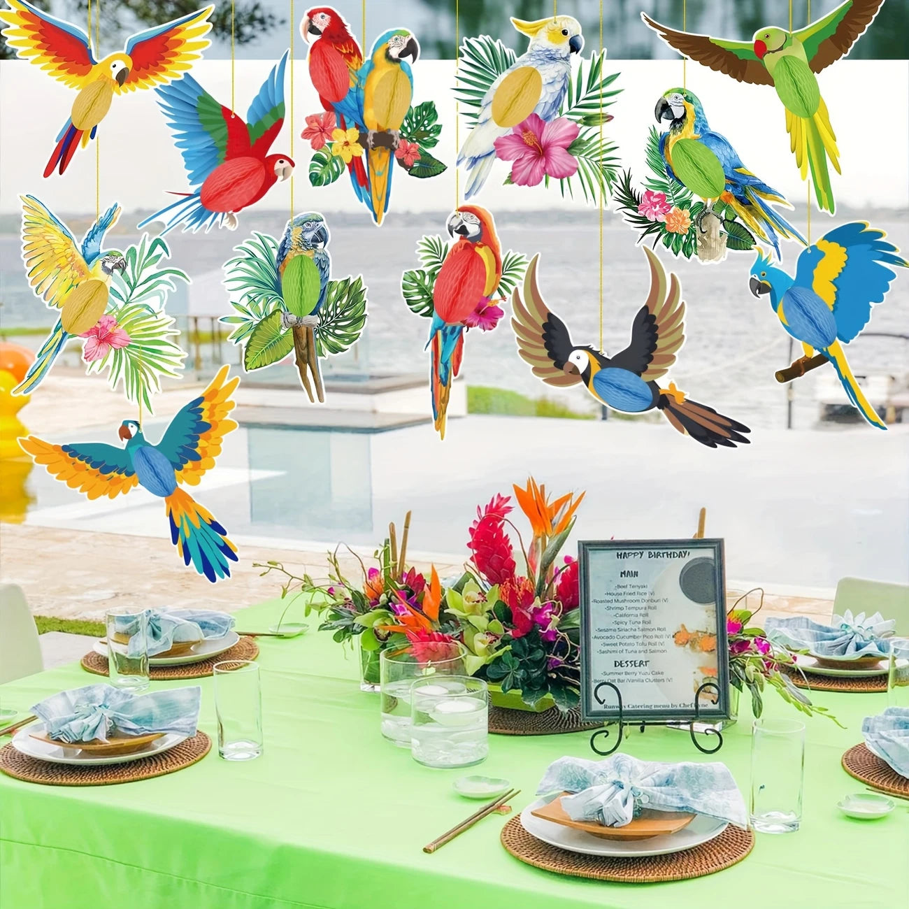 Tropical Hawaiian Hanging Honeycomb Parrot Decorations Pack of 12