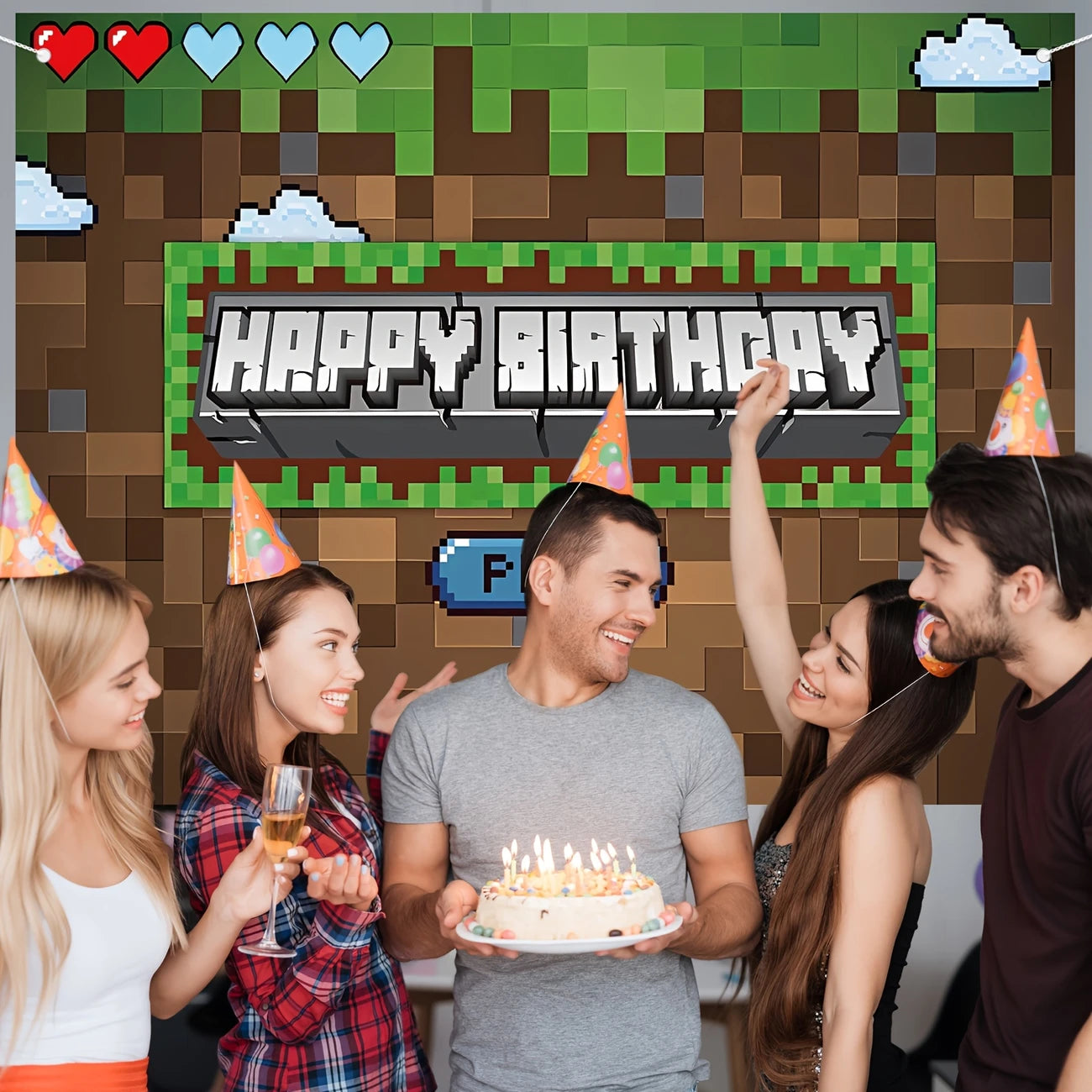 Minecraft Pixel Happy Birthday Party Backdrop