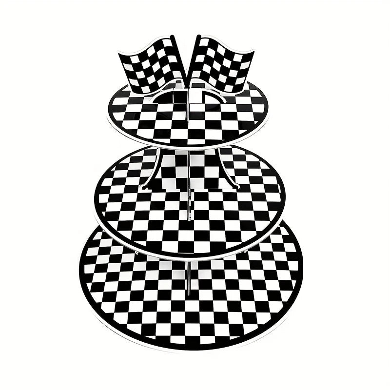 Racing Checkered 3-Tier Round Cardboard Cupcake Stand