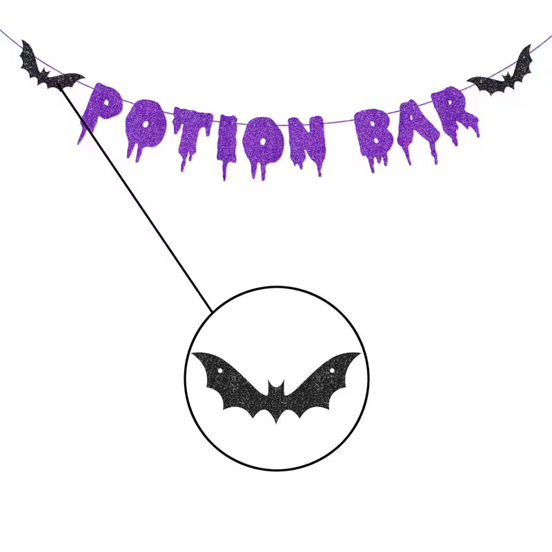 Halloween Potion Bar Banner Purple & Black Glittery Bat Design