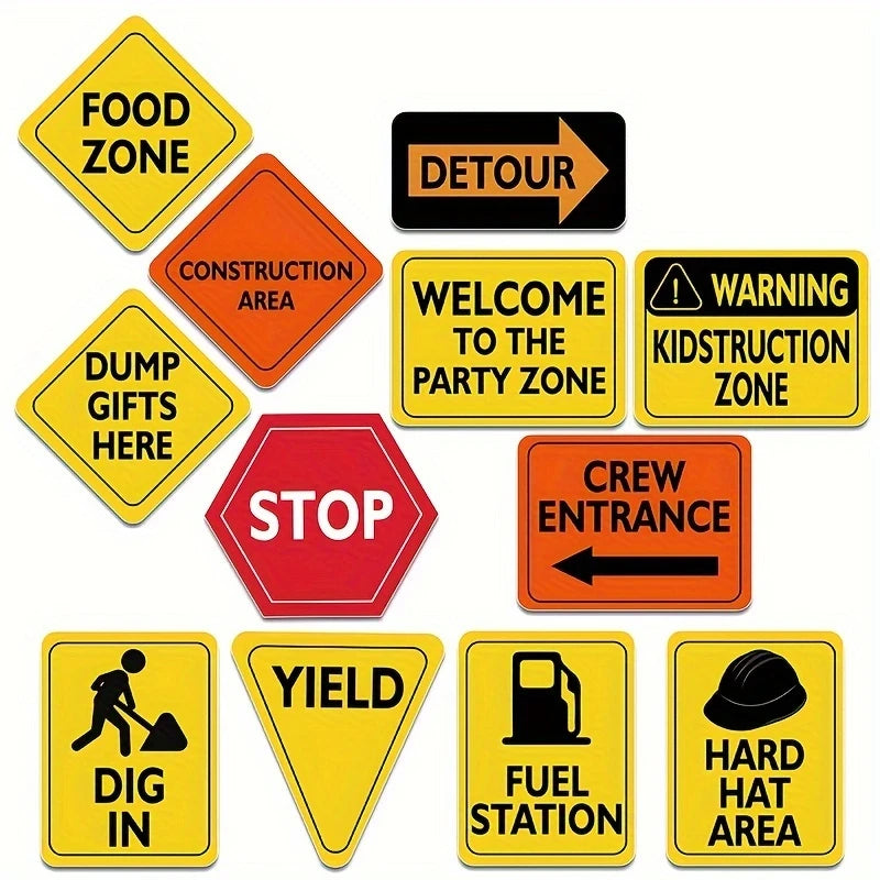 Construction Warning Paper Card Signs Pack of 12