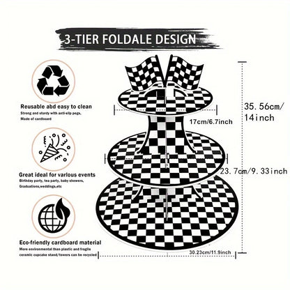 Racing Checkered 3-Tier Round Cardboard Cupcake Stand