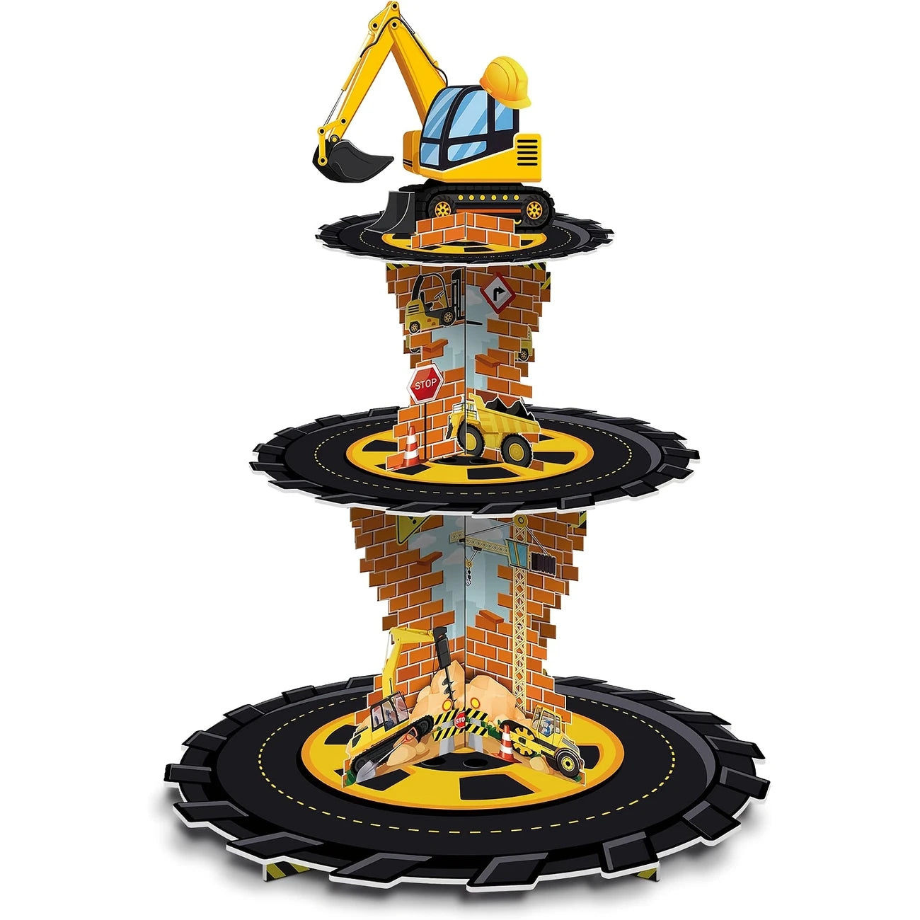 Construction 3-Tier Cupcake Stand with Dump Truck & Excavator Design