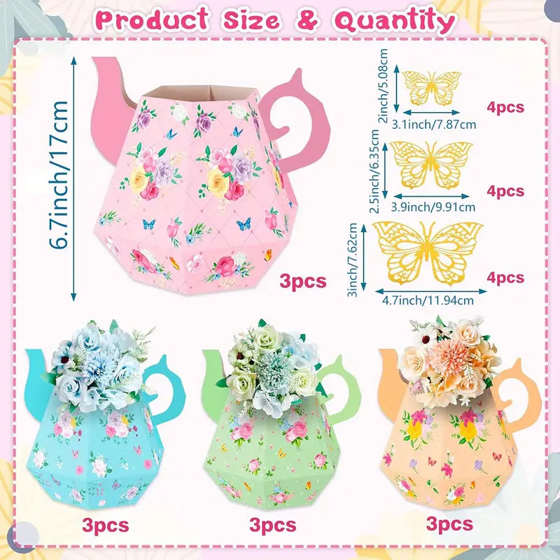 Floral Teapot Box Centerpieces with Butterflies Pack of 12