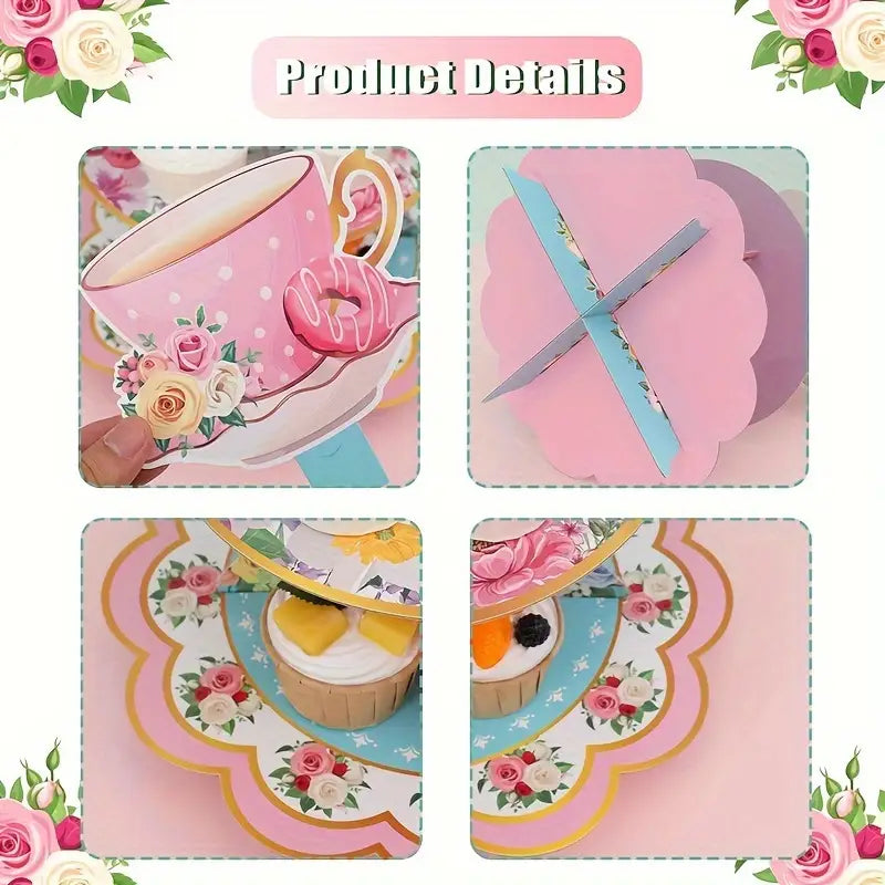 Pink Floral Tea Party Theme Card Cake Stand