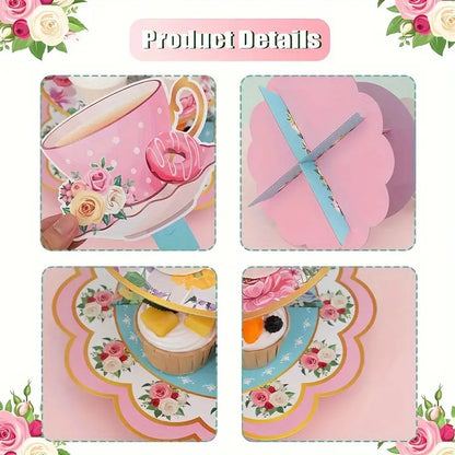Pink Floral Tea Party Theme Card Cake Stand
