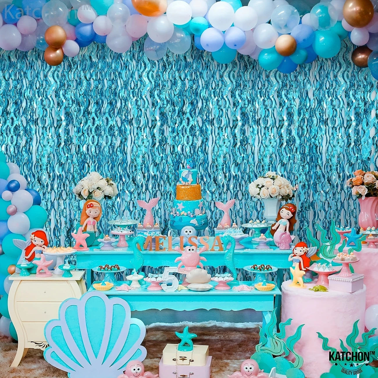 Blue Wavy Metal Foil Curtain Backdrop