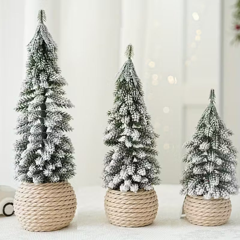 Artificial mini Christmas tree flocking cedar and hemp rope bottom base Pack of 4