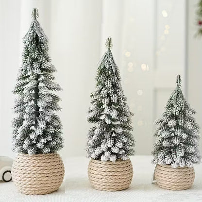 Artificial mini Christmas tree flocking cedar and hemp rope bottom base Pack of 4