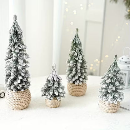 Artificial mini Christmas tree flocking cedar and hemp rope bottom base Pack of 4