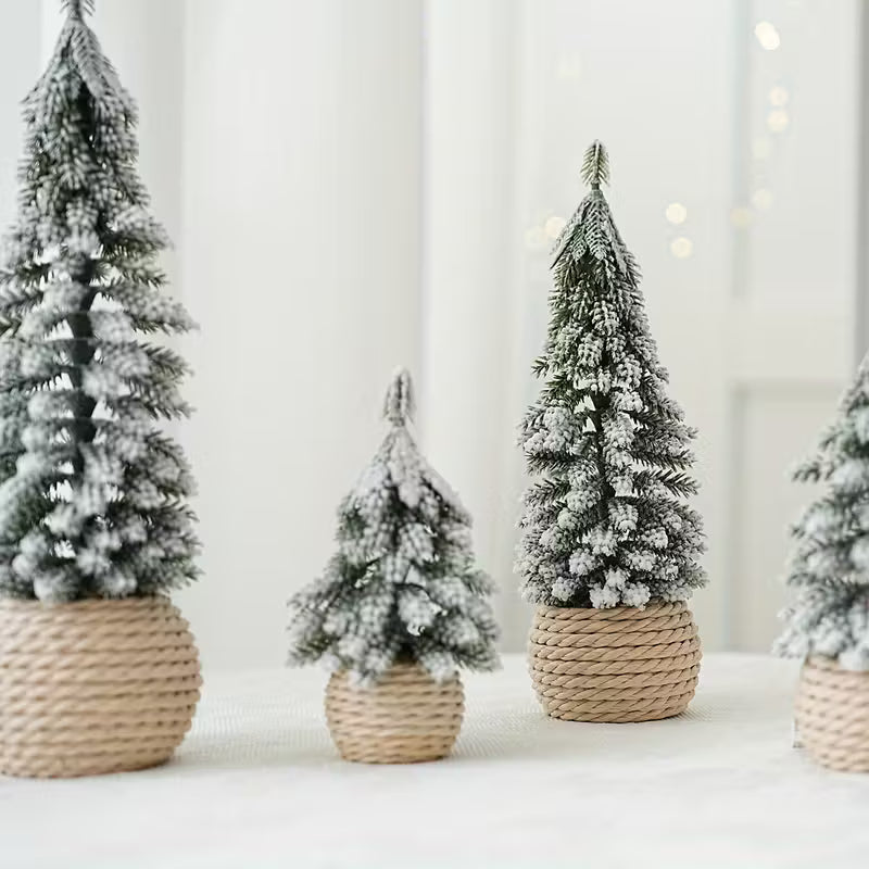 Artificial mini Christmas tree flocking cedar and hemp rope bottom base Pack of 4