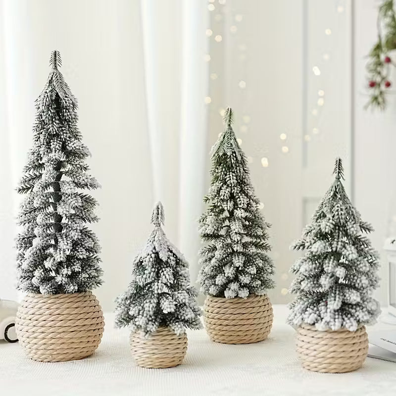 Artificial mini Christmas tree flocking cedar and hemp rope bottom base Pack of 4