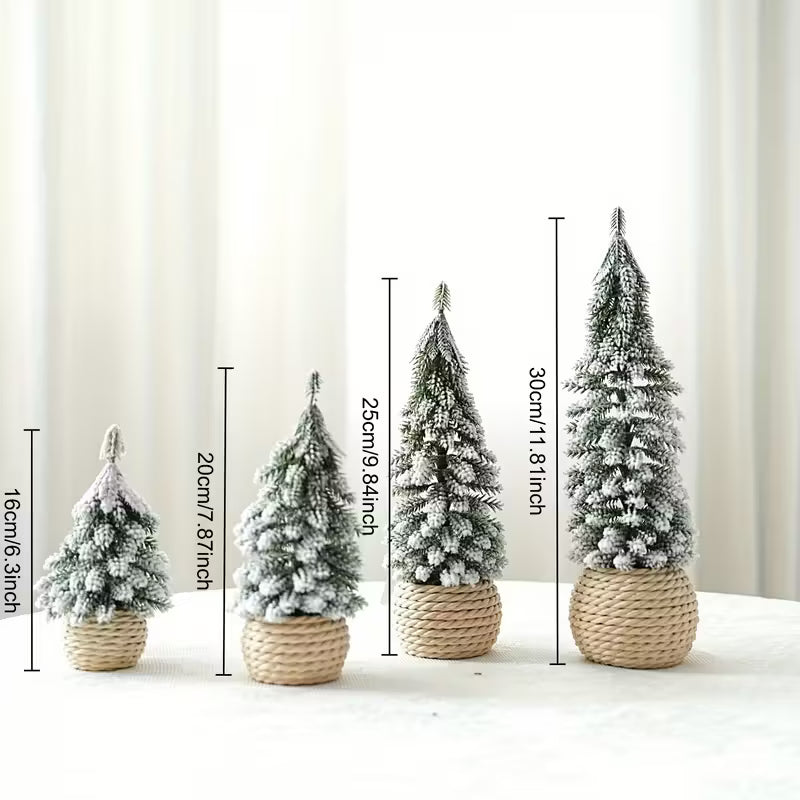 Artificial mini Christmas tree flocking cedar and hemp rope bottom base Pack of 4