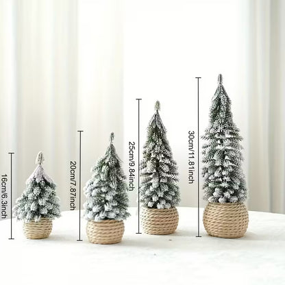 Artificial mini Christmas tree flocking cedar and hemp rope bottom base Pack of 4