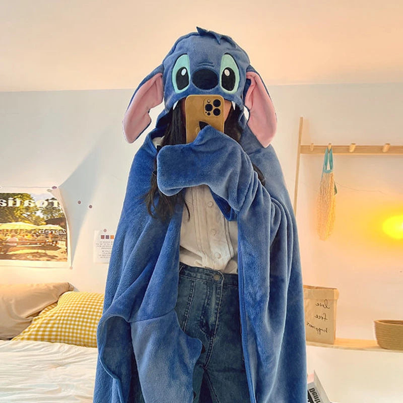 Stitch plush hooded shawl-soft double-sided blue cloak with ears and eyes