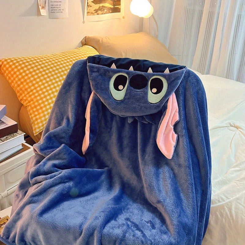Stitch plush hooded shawl-soft double-sided blue cloak with ears and eyes