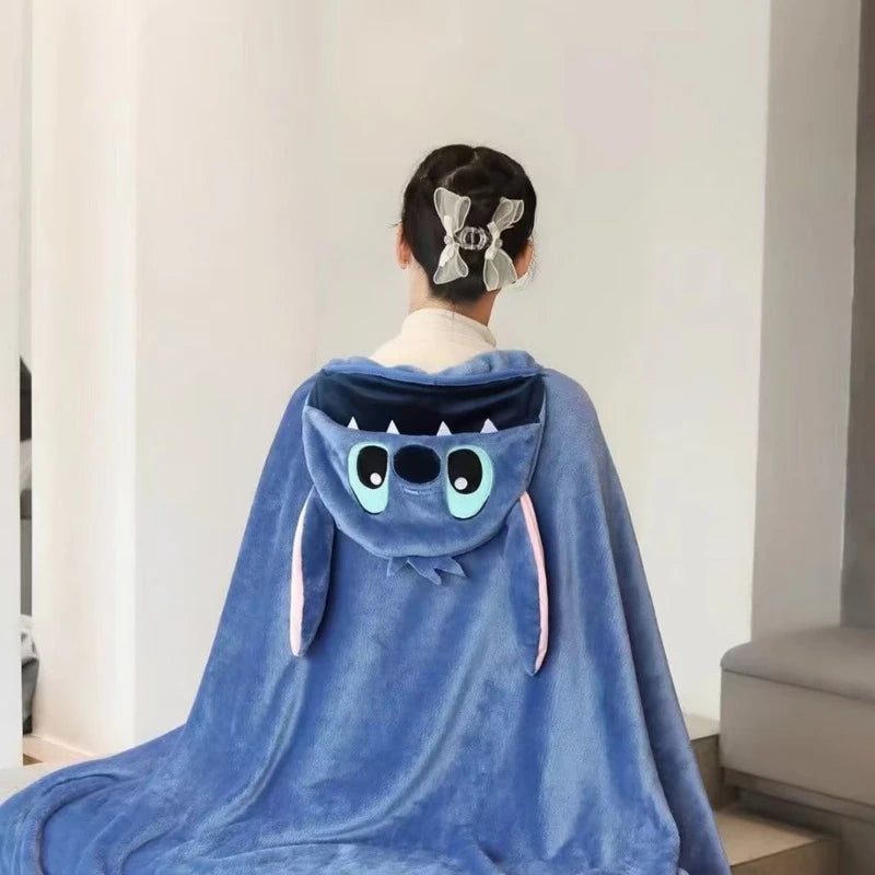 Stitch plush hooded shawl-soft double-sided blue cloak with ears and eyes