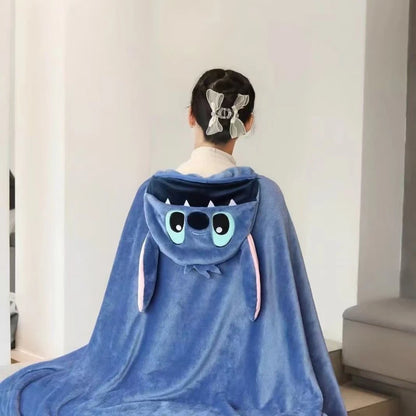 Stitch plush hooded shawl-soft double-sided blue cloak with ears and eyes
