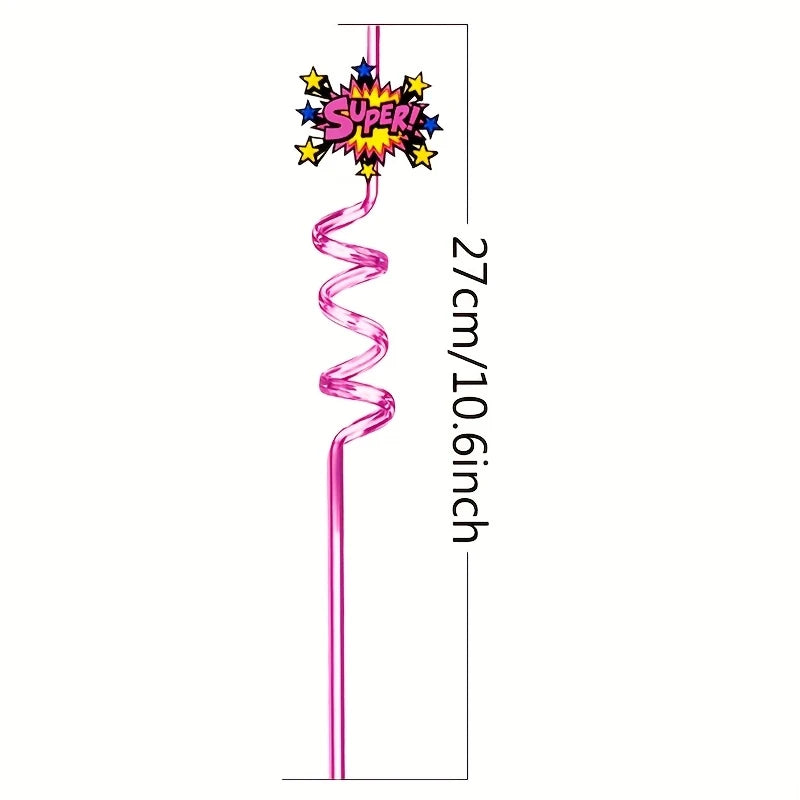 Superhero-Themed Reusable Spiral Plastic Straws Pack of 12