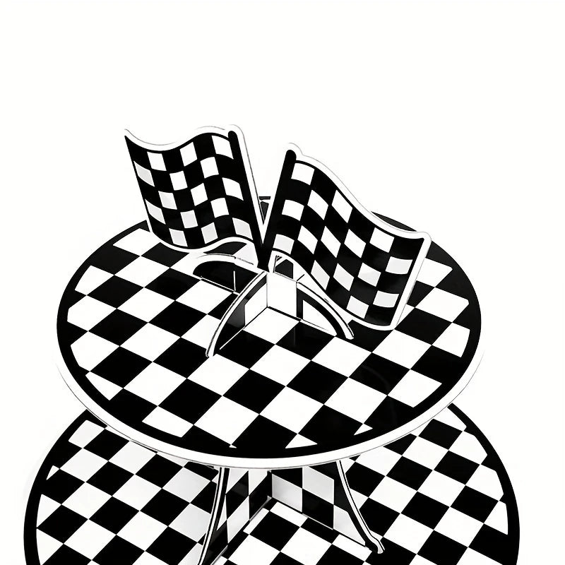 Racing Checkered 3-Tier Round Cardboard Cupcake Stand