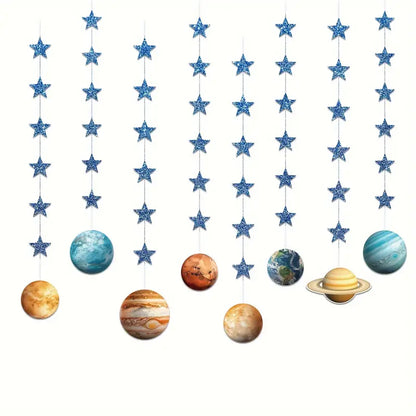 Outer Space Party Decorations with Hanging Planets And Stars Pack of 8