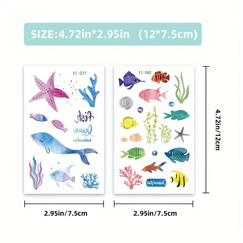 Watercolor Ocean Sea Animals Temporary Tattoos 12 Sheets