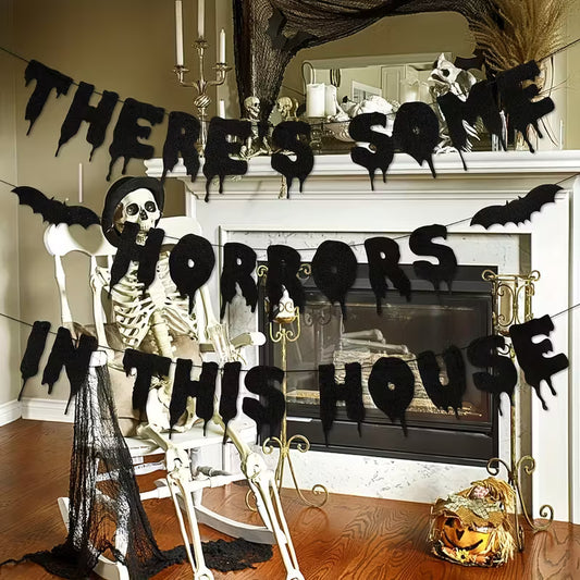 Halloween Banner, 'There's Some Horrors in This House' Black Felt Decor with Dripping Effect