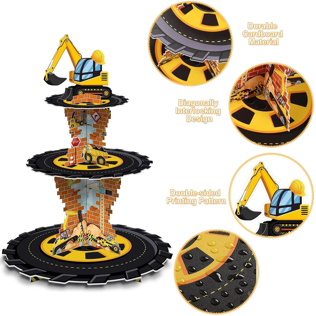 Construction 3-Tier Cupcake Stand with Dump Truck & Excavator Design