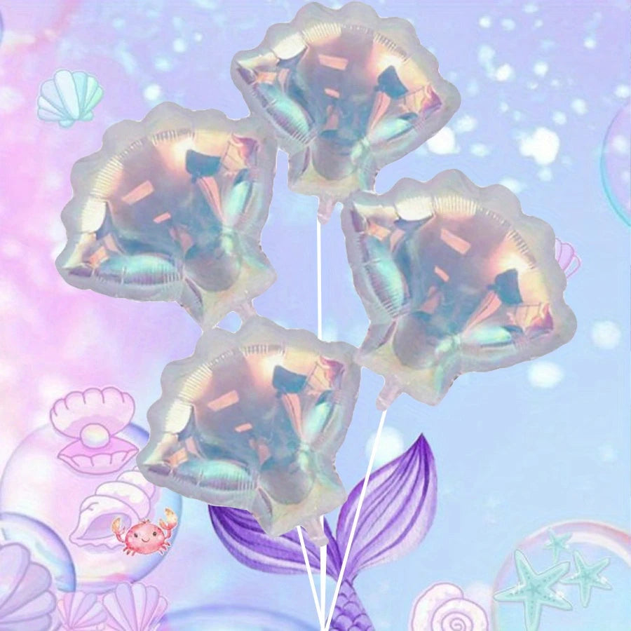Iridescent Shell-Shaped Foil Balloons Transparent Holographic Pack of 6