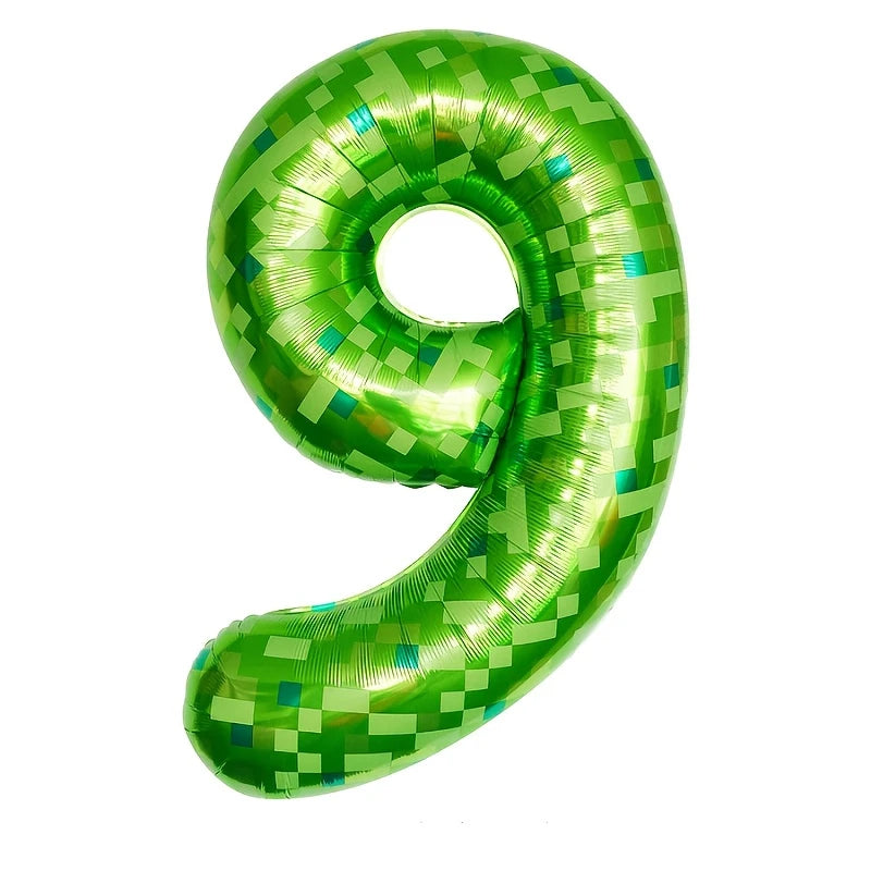 Number 9 Green Pixel Minecraft Theme Foil Balloon