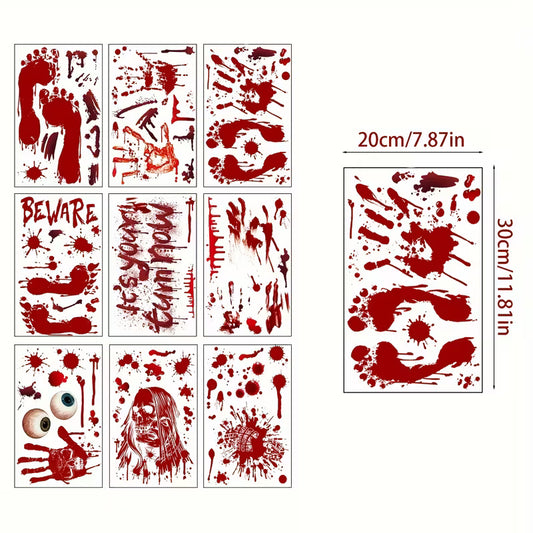 Halloween Window Clings 8 Sheets of Blood Hand & Foot Print Decals