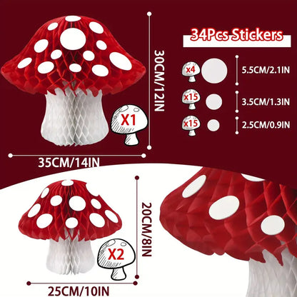 Red & White Mushroom Honeycomb Decorations Pack of 3