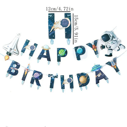 Space-Themed Happy Birthday Banner with Astronaut, Rocket & Planets