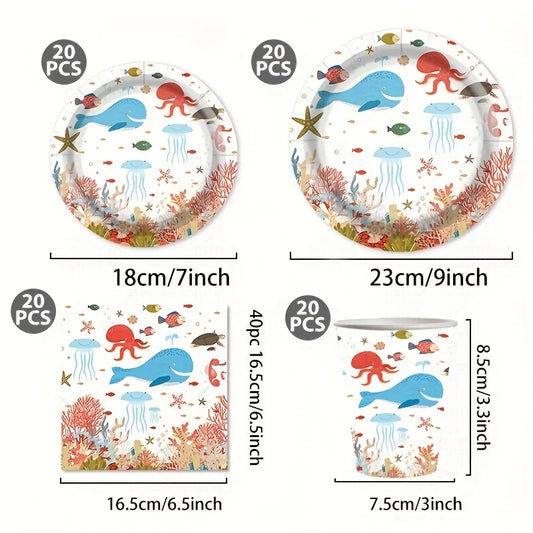 Ocean Theme Party Disposable Tableware Set for 20 People