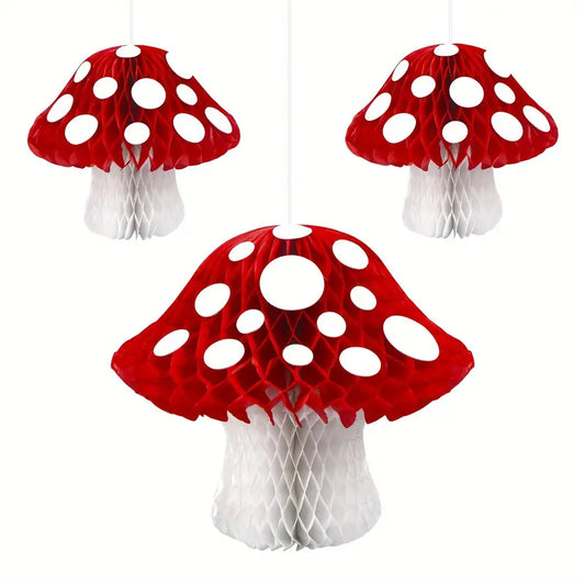 Red & White Mushroom Honeycomb Decorations Pack of 3