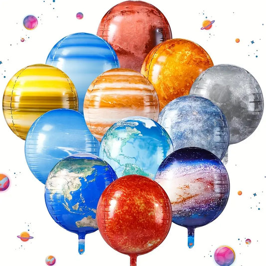 Vibrant Space Themed Planets 4D Metallic Foil Balloons Pack of 12
